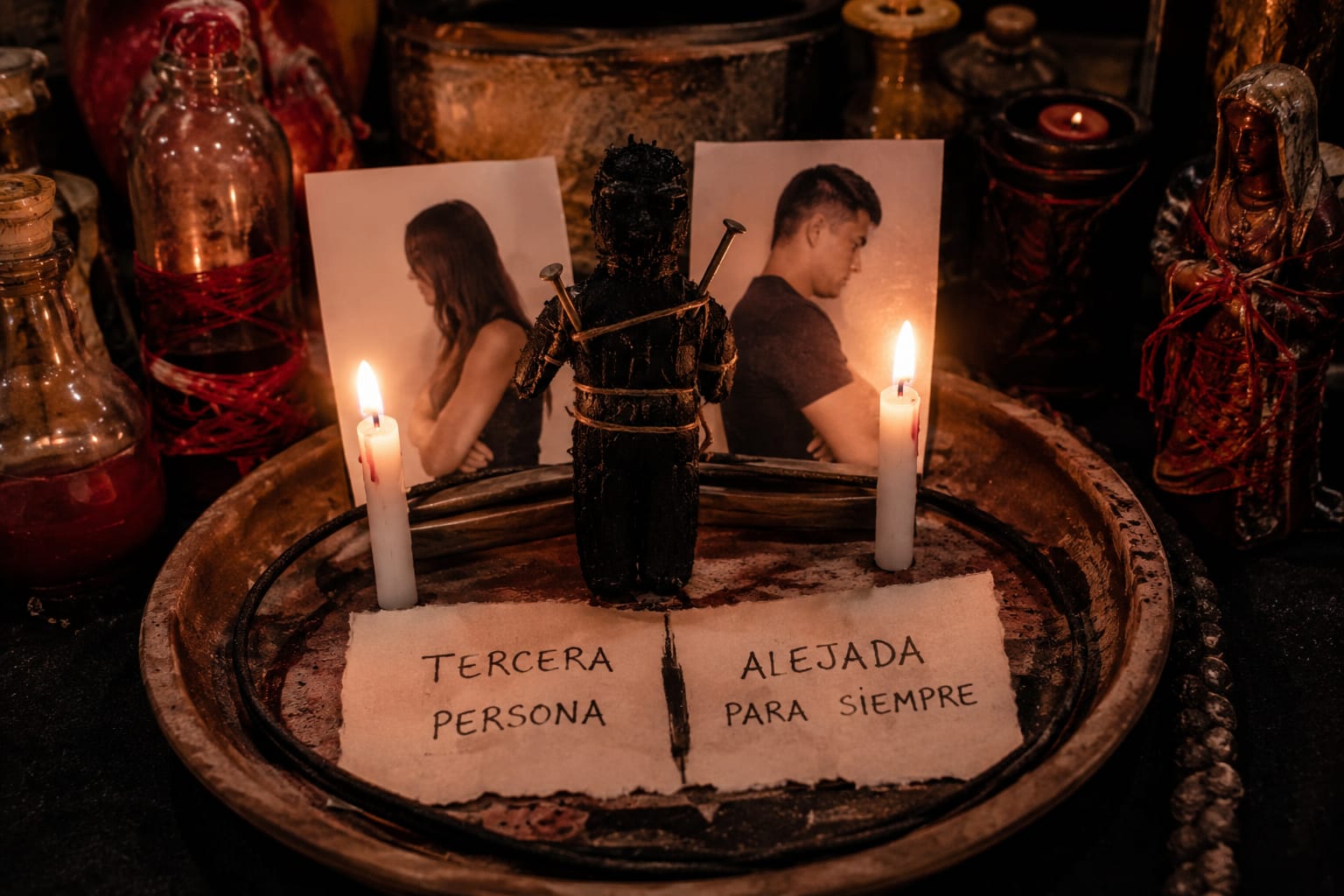 Muñeco ritual atado entre fotos de la pareja y velas encendidas